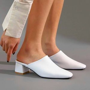 White Square Toe Chunky Heeled Mules
